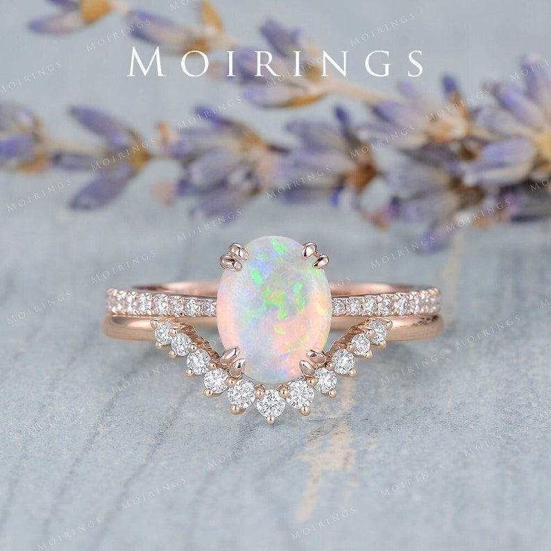 2ct Natural Opal Ring Set Rose Gold Oval Cabochon Opal Ring Chevron Diamond Band Birthstone Australia White Opal Solitaire Ring Set 2pcs image 1