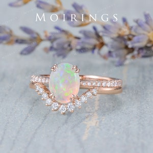 2ct Natural Opal Ring Set Rose Gold Oval Cabochon Opal Ring Chevron Diamond Band Birthstone Australia White Opal Solitaire Ring Set 2pcs image 3