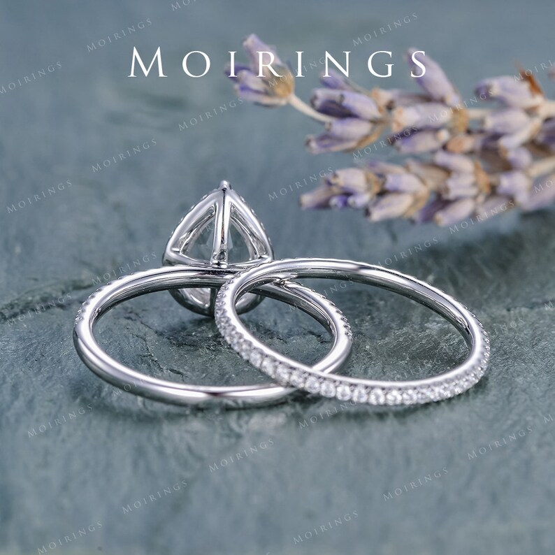 Rose Gold Engagement Ring Pear Shaped White Topaz Bridal Set Birthstone Ring Anniversary Promise Diamond Stacking Wedding Band Women 2pcs image 4