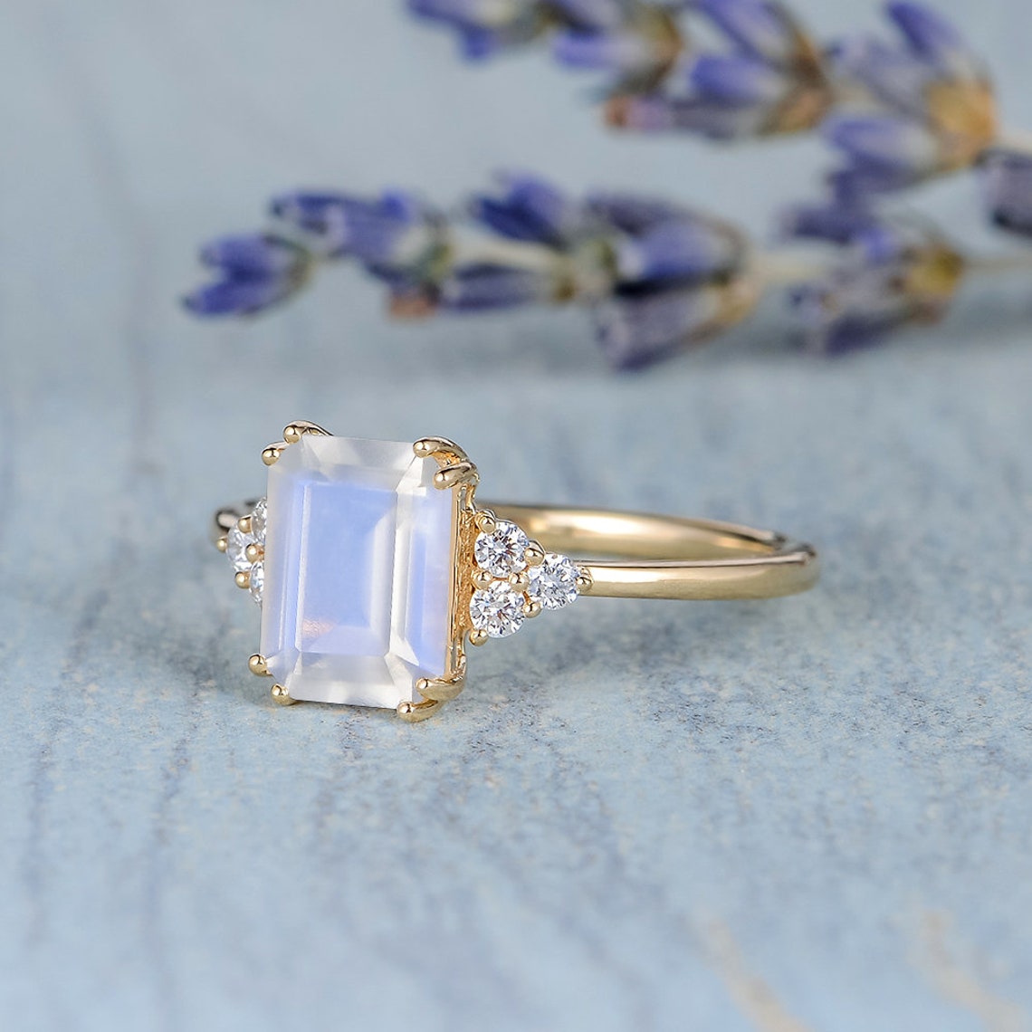 Emerald Cut Moonstone Engagement Ring Yellow Gold Cluster Etsy