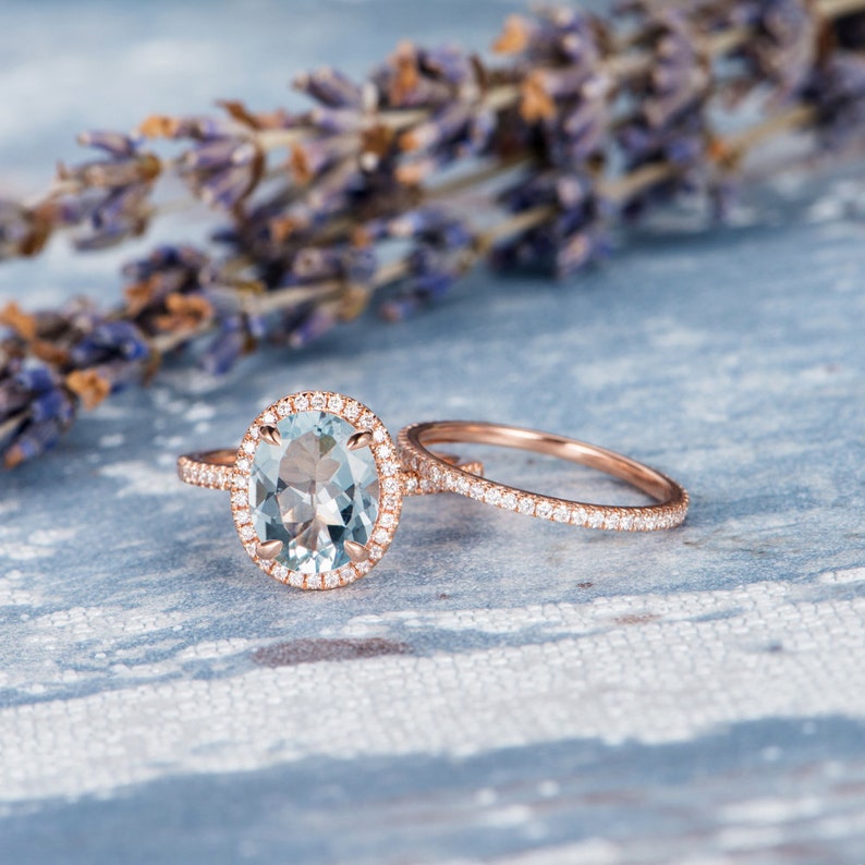 Rose Gold Engagement Ring 8x10 Oval Aquamarine Ring Set - Etsy