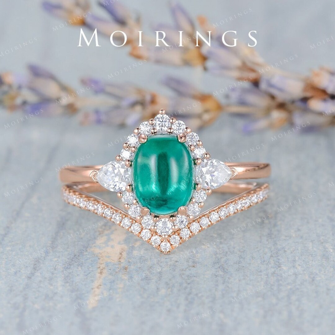 Vintage Lab Emerald Engagement Ring Cabochon Emerald Ring Set Rose Gold