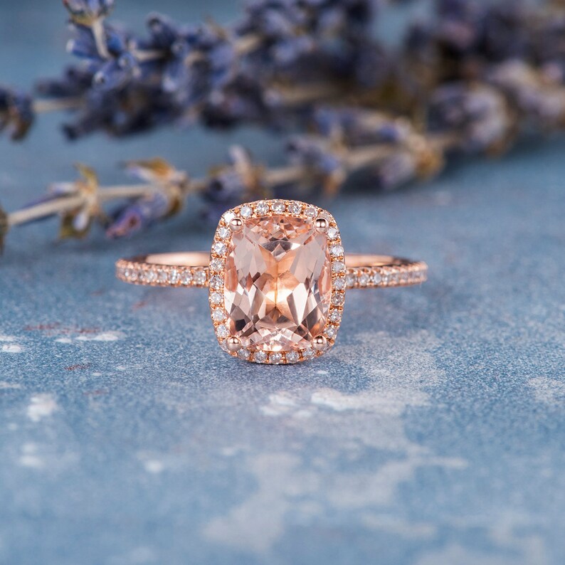 Elongated Cushion Cut Morganite Engagement Ring Rose Gold Engagement Ring Women Peachy Morganite Ring Diamond Full Eternity Gifts For Her image 1