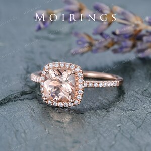 Morganite Engagement Ring Rose Gold Bridal Wedding Women Peachy Diamond Halo Anniversary Gifts For Her Cushion Cut Graduation Birthday Ring image 4