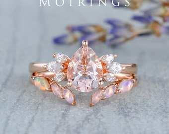 Peachy Morganite Ring Set Rose Gold Morganite Engagement Ring 6x8mm Vintage Morganite Ring Anniversary Jewelry Gift Art Deco Bridal Ring Set