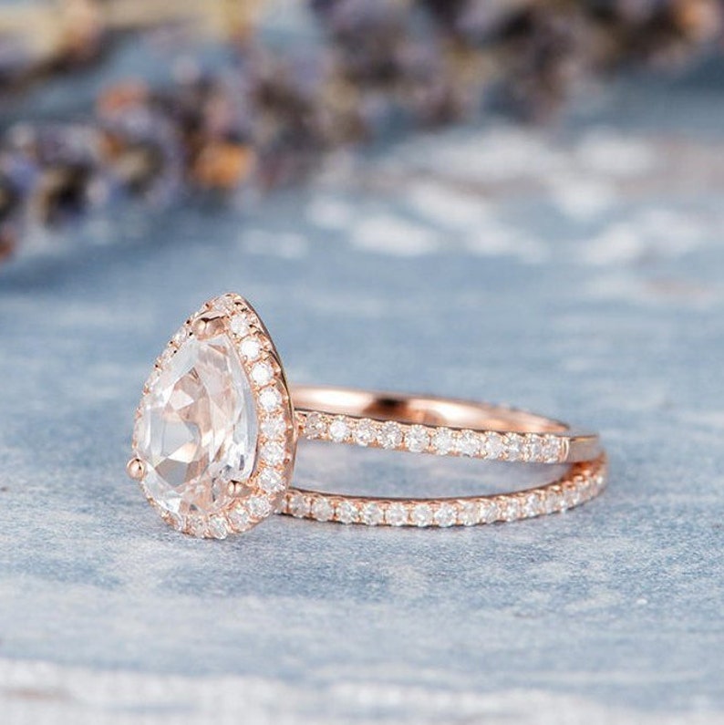 Rose Gold Engagement Ring Pear Shaped White Topaz Bridal Set Birthstone Ring Anniversary Promise Diamond Stacking Wedding Band Women 2pcs image 9