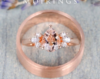 Men & Women Engagement Ring Natural Morganite Engagement Ring Rose Gold Anniversary Jewelry Gift Art Deco Unique Cluster Ring Brushed Inlay