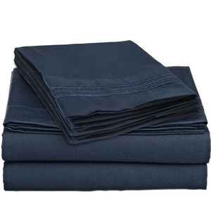 May include: A set of navy blue bed sheets with a subtle striped pattern. The sheets are folded neatly and appear to be made of a soft, comfortable material.