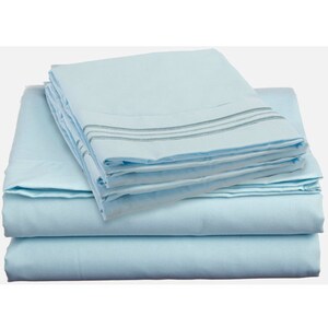 May include: A set of light blue bed sheets with a subtle striped pattern. The sheets are folded neatly and ready for use.