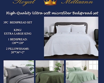 Royal Millaann King Size XL Quilt Set White Bedspreads -Soft Bed Summer Patterned Quilt Lightweight 3 pc Set all seasons with 2 pillow shams