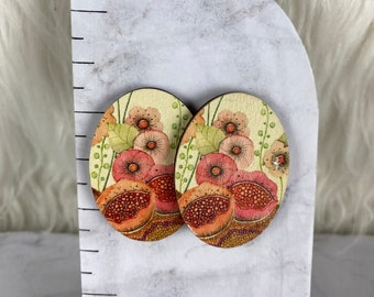 Floral Painted Wood Oval Stud Earrings 674