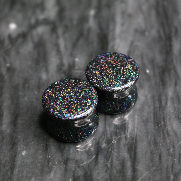 Holographic Black Glitter Plugs Double Flared Gauge Earrings