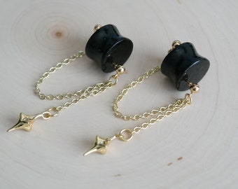 Black Double Flared Plugs Gold Polaris Dangle Gauge Earrings