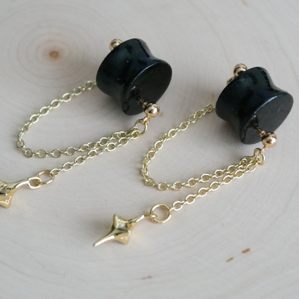 Black Double Flared Plugs Gold Polaris Dangle Gauge Earrings