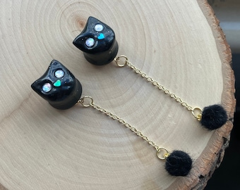 Black Cat Plugs with Gold Chain Pom Pom Tail Gauge Earrings