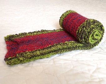 Watermelon Stripe Scarf, Hand-knit Wool Yarn