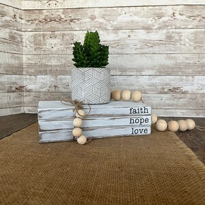 Farmhouse Décor, Wood Book Stack, Faith Hope Love, Book Bundle, Rustic Home Décor, DIY Housewarming Gift for her, Fireplace Decor