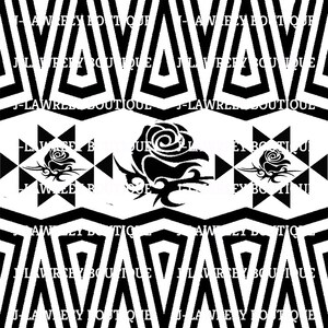 May include: Black and white graphic design featuring three stylised roses with intricate details. The roses are set against a background of repeating geometric shapes.