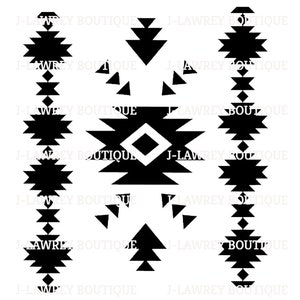 May include: Black and white geometric pattern with a southwestern design. The pattern features a diamond shape in the center and a series of triangles and zigzags.