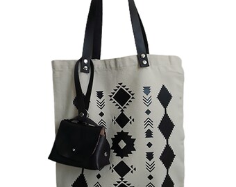 Aztec Print Canvas Tote Bag With Leather Handles and Detachable Leather Key Ring Pouch