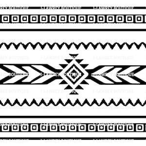 Peut inclure: Motif géométrique noir et blanc avec un motif de flèche central. Le motif comprend des carrés, des triangles et des zigzags répétés. Le texte "J-LAWREY BOUTIQUE" apparaît plusieurs fois.