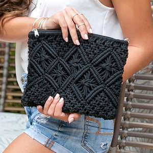 Black Boho Crochet Knit Clutch Bag With Leather Wristlet