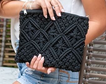 Black Boho Crochet Knit Clutch Bag With Leather Wristlet