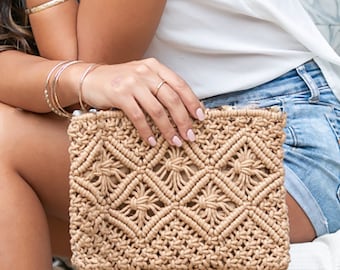 Tan Boho Crochet Knit Clutch Bag With Leather Wristlet