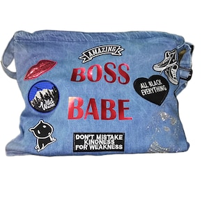 Denim Embroidered Patch Messenger Bag