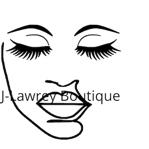 May include: Black and white line drawing of a woman's face with closed eyes and lips slightly parted. The text "J-Lawrey Boutique" is below the face.