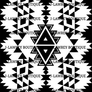 May include: A monochrome geometric pattern featuring repeating shapes and the text "J-LAWREY BOUTIQUE". The design incorporates triangles, diamonds, and other geometric elements, forming a symmetrical pattern.
