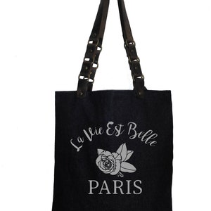 La Vie Est Belle Denim Tote Bag with Leather Handles