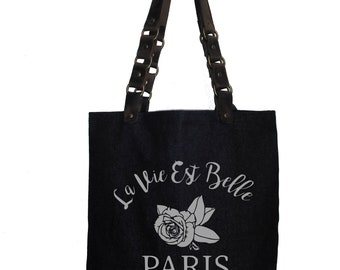 La Vie Est Belle (Life Is Beautiful) Denim & Leather Tote Bag