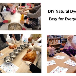 May include: A group of people, including children, are engaged in a DIY natural dyeing project. The image shows various stages, from mixing ingredients to handling dyed materials. The text "DIY Natural Dyeing Easy for Everyone" is displayed.