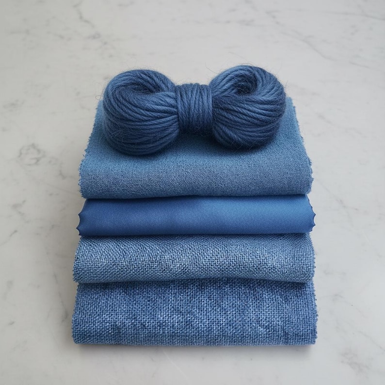 May include: A stack of four blue fabric swatches with varying textures, topped with a ball of blue yarn tied in a bow. The fabrics range in shade from light to dark blue, showcasing different weaves and textures.