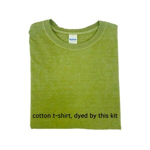 May include: A folded green cotton t-shirt, dyed by this kit. The t-shirt has a Gildan label.