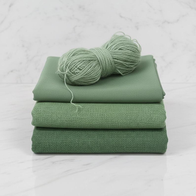 May include: A stack of three green fabric swatches with varying textures, topped with a ball of matching yarn. The fabrics range in shades from light to dark green, creating a layered effect. The yarn is a soft, muted green.