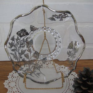 1950s Silver Overlay Glass Bowl, 7 1/4 Inches, Ruffled Border, Flower Pattern, Candy Dish