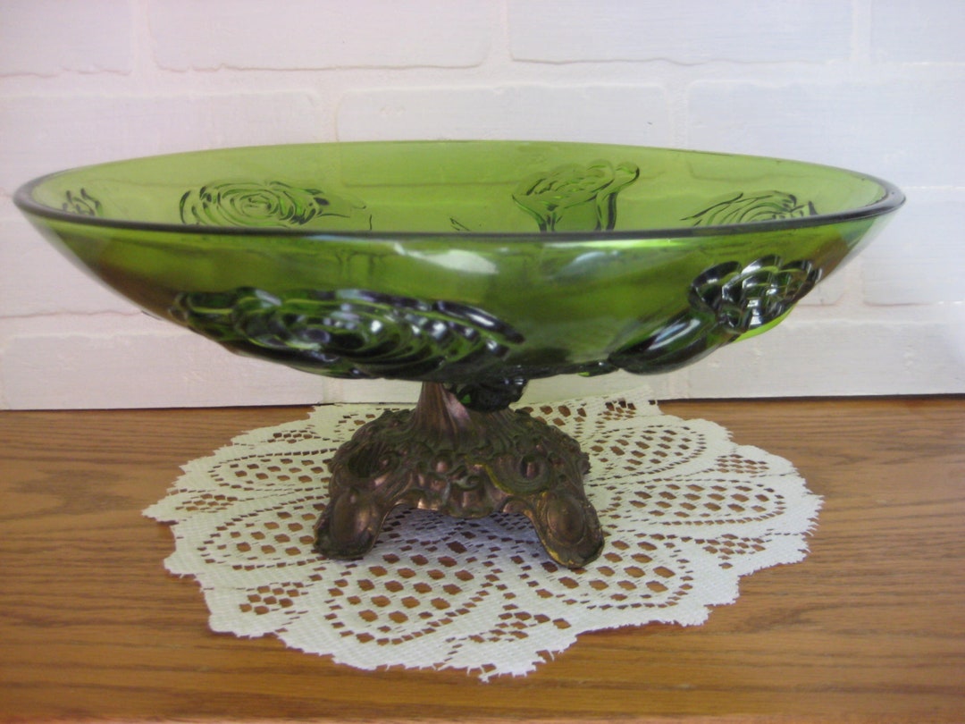 Vintage Avocado Green Centerpiece Bowl With Brass Feet, Roses & Tulips