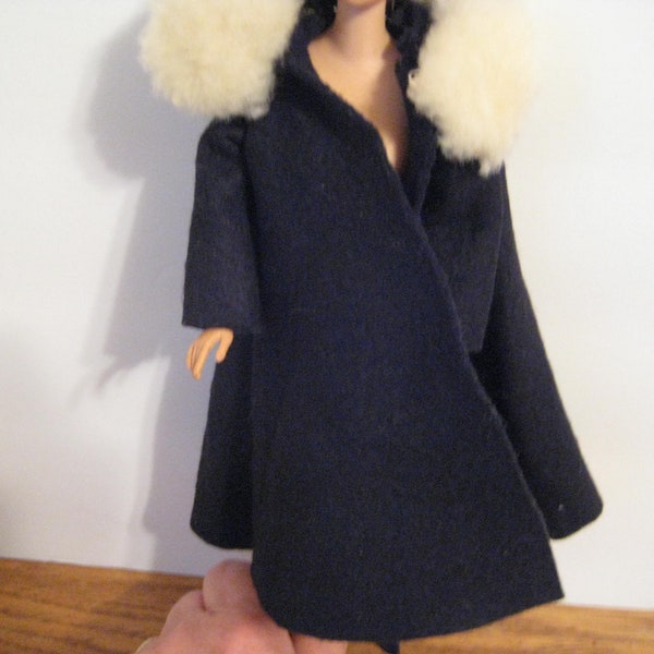 1960's 11 1/2 Inch Fashion Doll Coat, Black Faux Wool, Pinned on Faux Fur Collar, Sewing Project