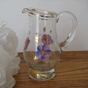Vintage Gold Trim Glass Creamer with Purple & Pink Pansies, 5 1/4 x 2 1/2 Inches