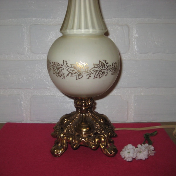 Mid Century Gold Leaves White Glass Table Lamp, Fancy Brass Feet, Harp And Finial