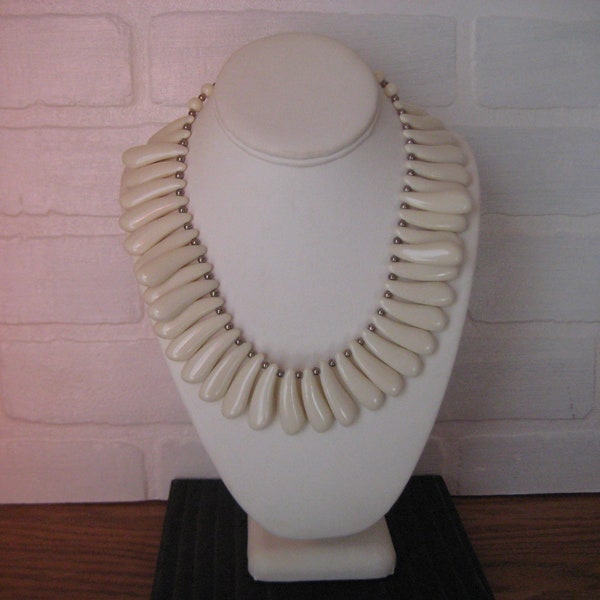 Vintage Bone white Necklace That Resembles Teeth, Silver Color Beads & Clasp, 17 Inches