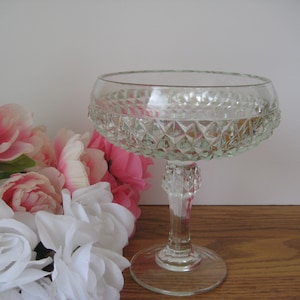 Diamond Pointe Glass Compote, 7 1/2 x 5 3/4 Inches, Vintage Pedestal Bowl