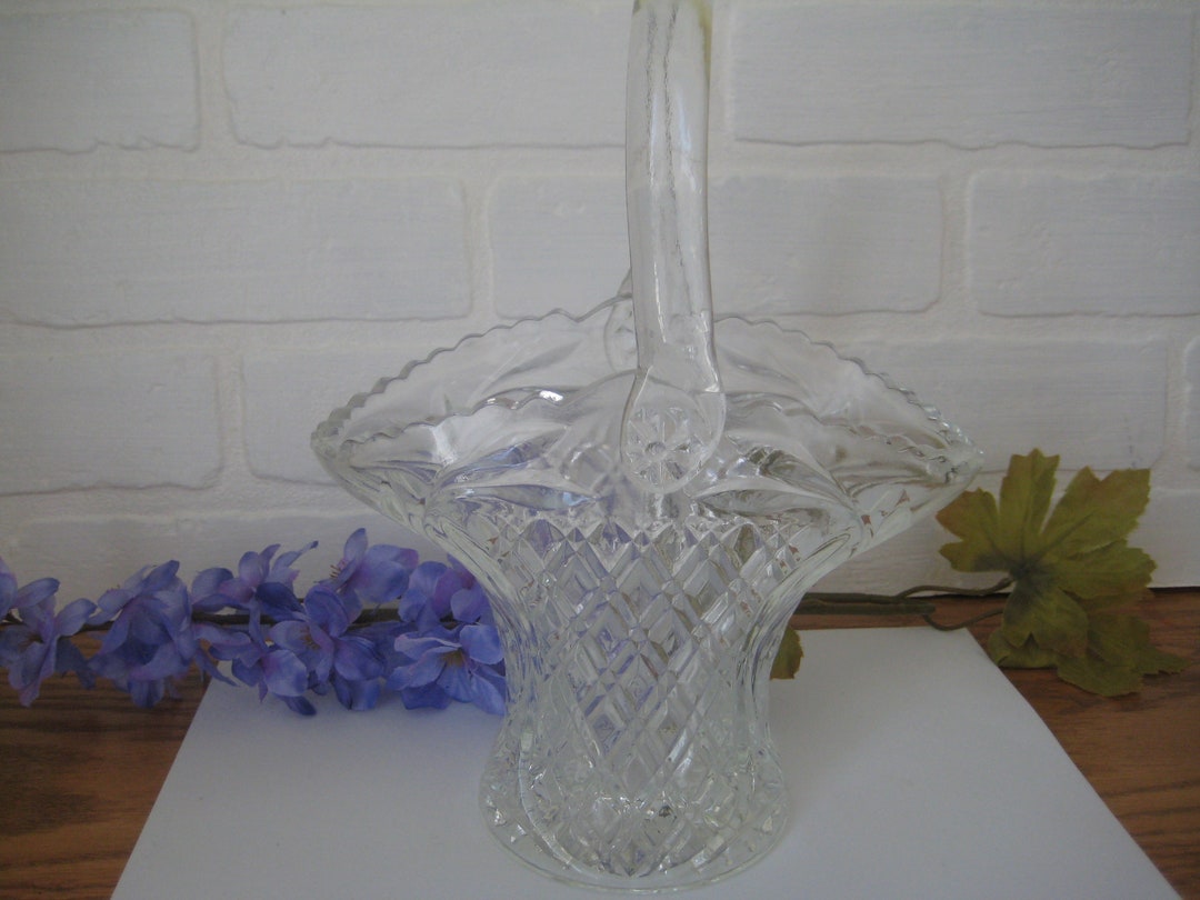 Vintage Glass Wedding Basket With Carrying Handle, Diamonds & Flowers Pattern, Sawtooth Border