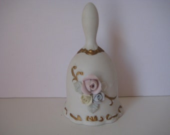 Vintage White Bisque Bell, 5 Inches Tall, Pink, Yellow & Blue Roses, Gold Trim, Made In Korea