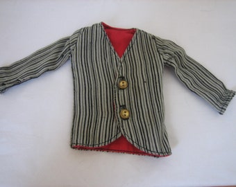 Vintage 12 inch Male Fashion Doll Pinstriped Suit Jacket With Red Lining, Black & White Stripes, Three Goldtone Buttons