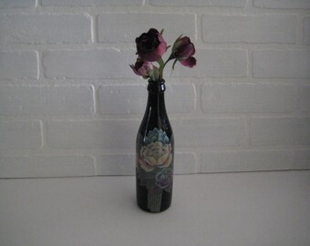 Vintage Painted Black Glass Bottle Vase, Hand Painted Roses, Unique Floral Display Piece