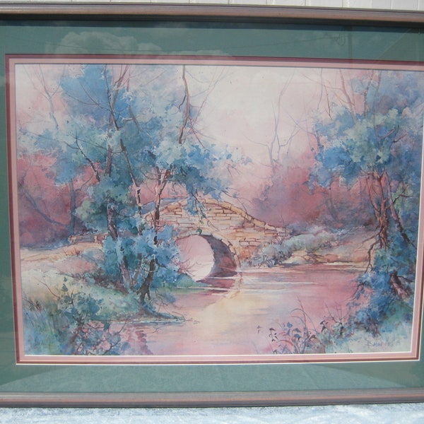 1970's Vision in Blue Painting by Barbara Mock, 37 x 29 1/2 Inches, Pink & Blue Watercolors, Distressed Blue Wood Frame