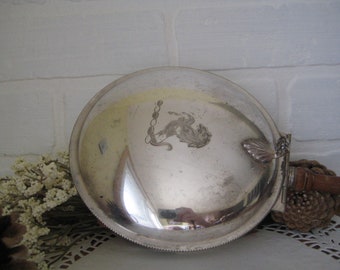 Vintage Sheffield Silverplate Silent Butler, 6 x 6 Inches, Ash And Crumb Catcher, Wood Handle, Etched Horse On Cover